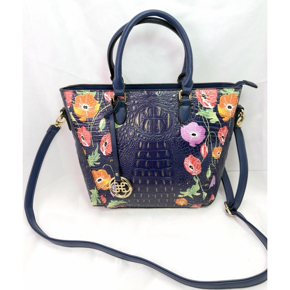Floral Croc Embossed Satchel Crossbody Handbag Blue Multi Color Top Handle Purse
